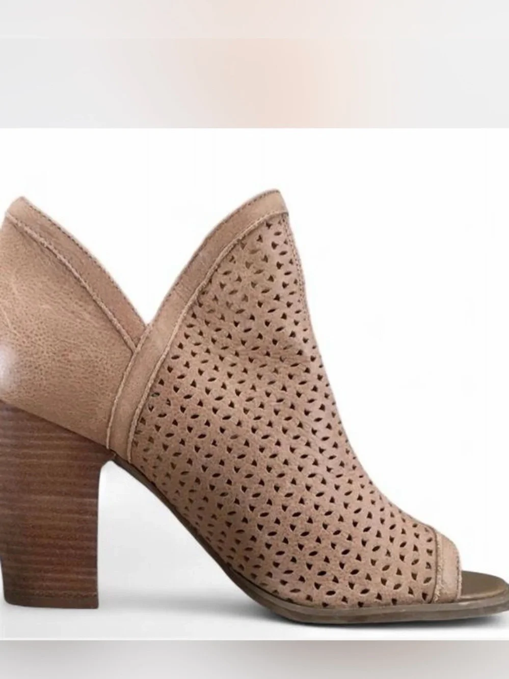 Lucky Brand Taupe Perforated Peep-Toe Block Heel Leather Bootie 8.5